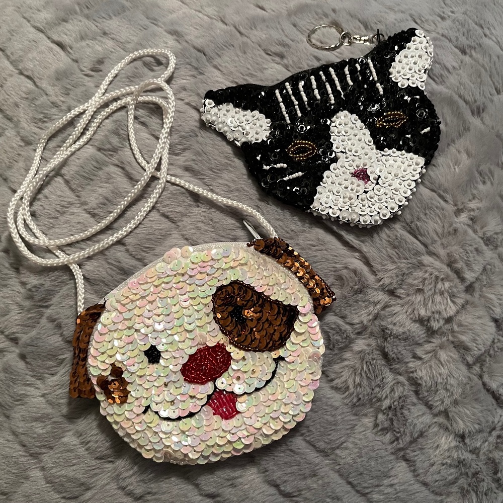 Dog and Cat Beaded Sequin Coin Purses, set of 2